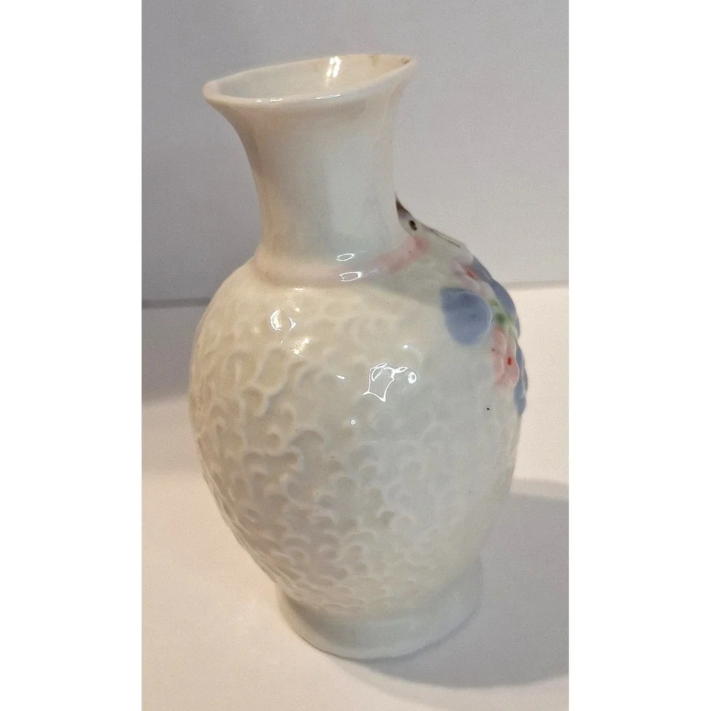 Vintage Miniature Porcelain Bud Vase Floral Butterfly Relief White Blue 4 Inch